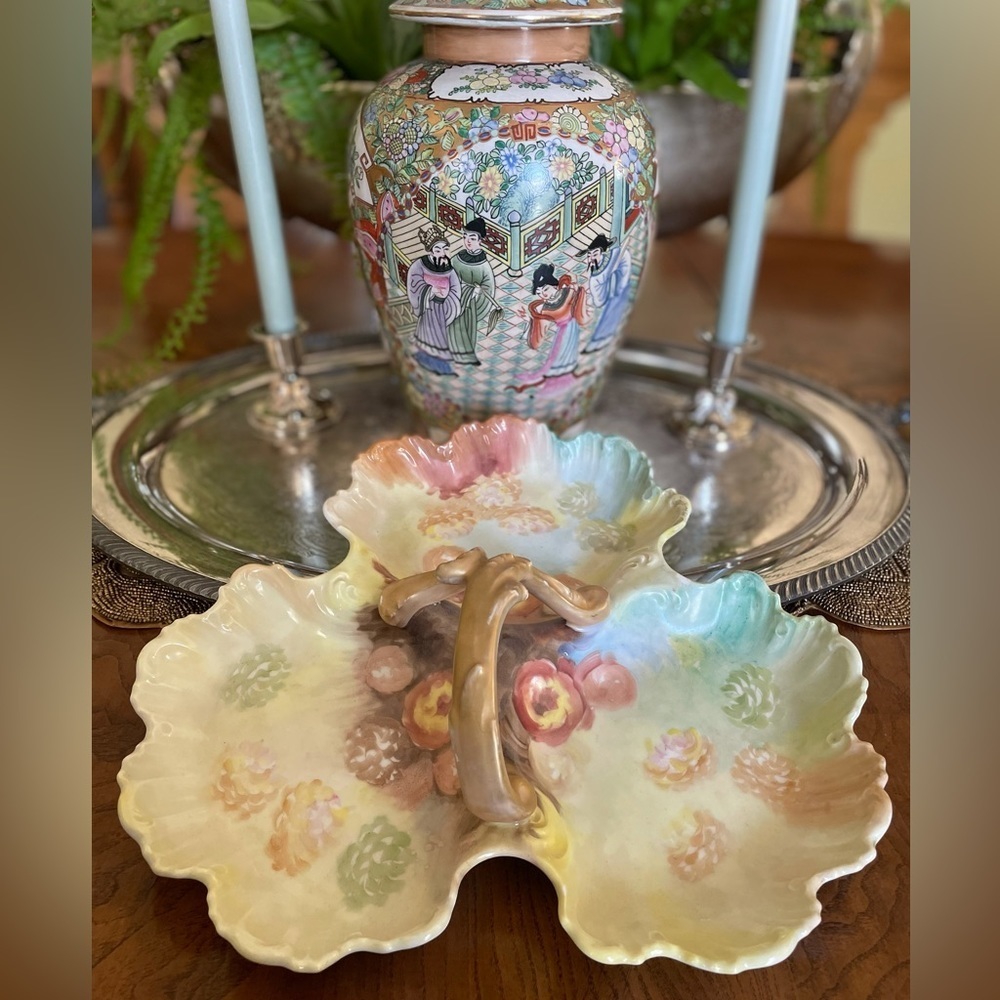 Antique T & V Venice Limoges France Floral Porcelain Handled Three Section Dish
